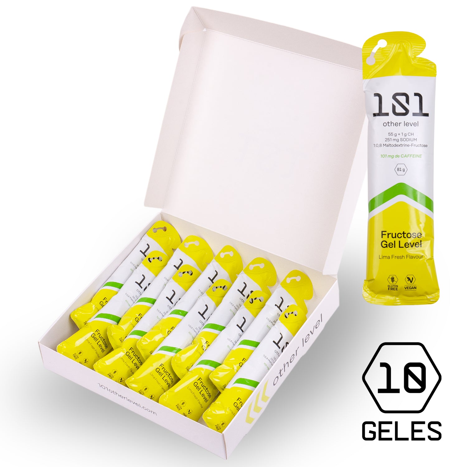 Pack 10 ud. FRUCTOSE GEL LEVEL con Cafeína - sabor Lima Fresh 81 g