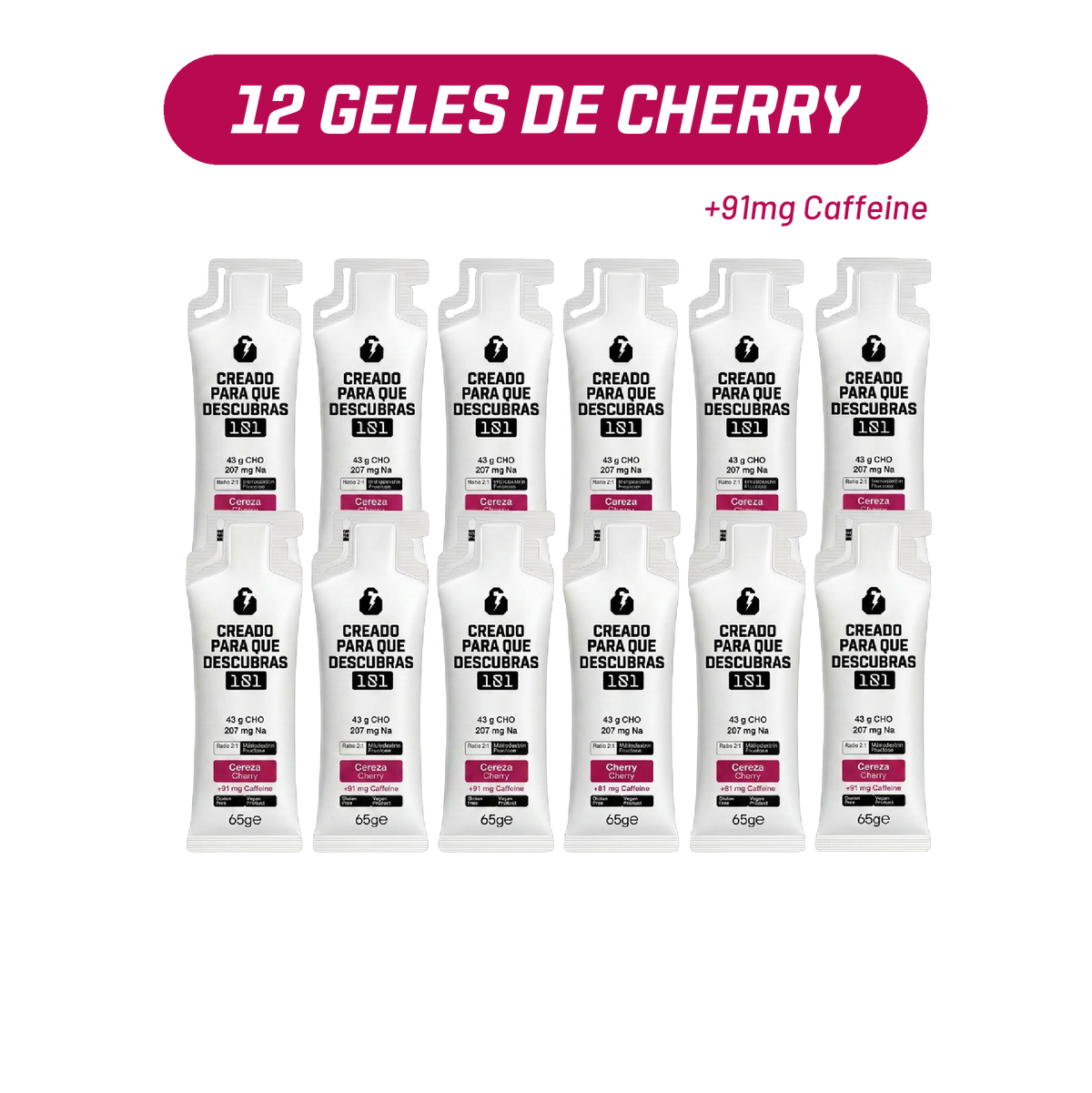 Pack 12 geles energéticos UNLOCK sabor Cherry con cafeína 65 g - 101 Other Level