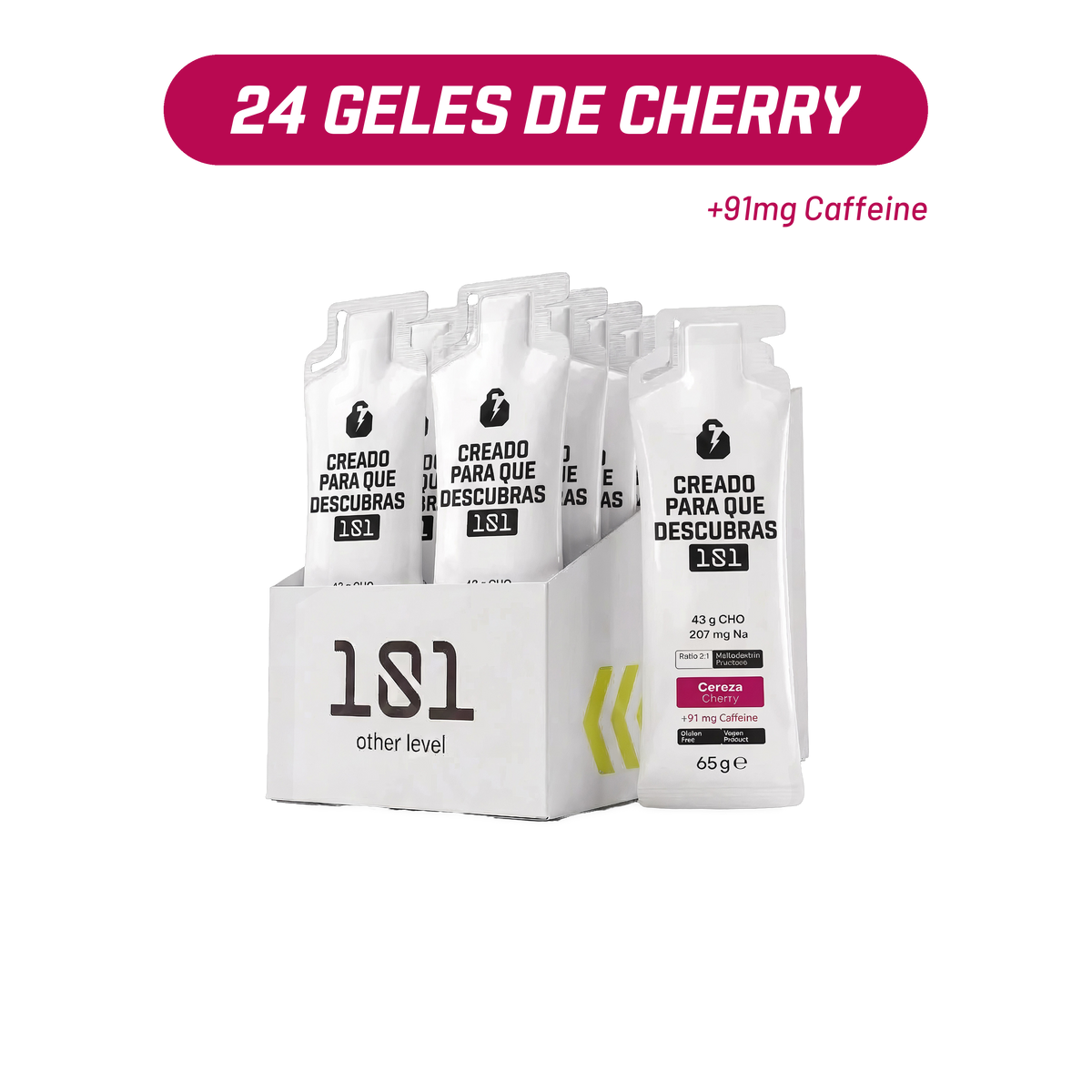 Pack 24 geles energéticos UNLOCK sabor Cherry con cafeína 65 g - 101 Other Level