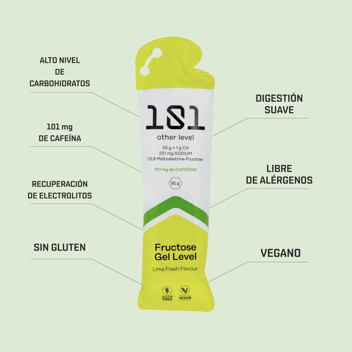 Pack 24 ud. FRUCTOSE GEL LEVEL con Cafeína - sabor Lima Fresh 81 g - 101 Other Level