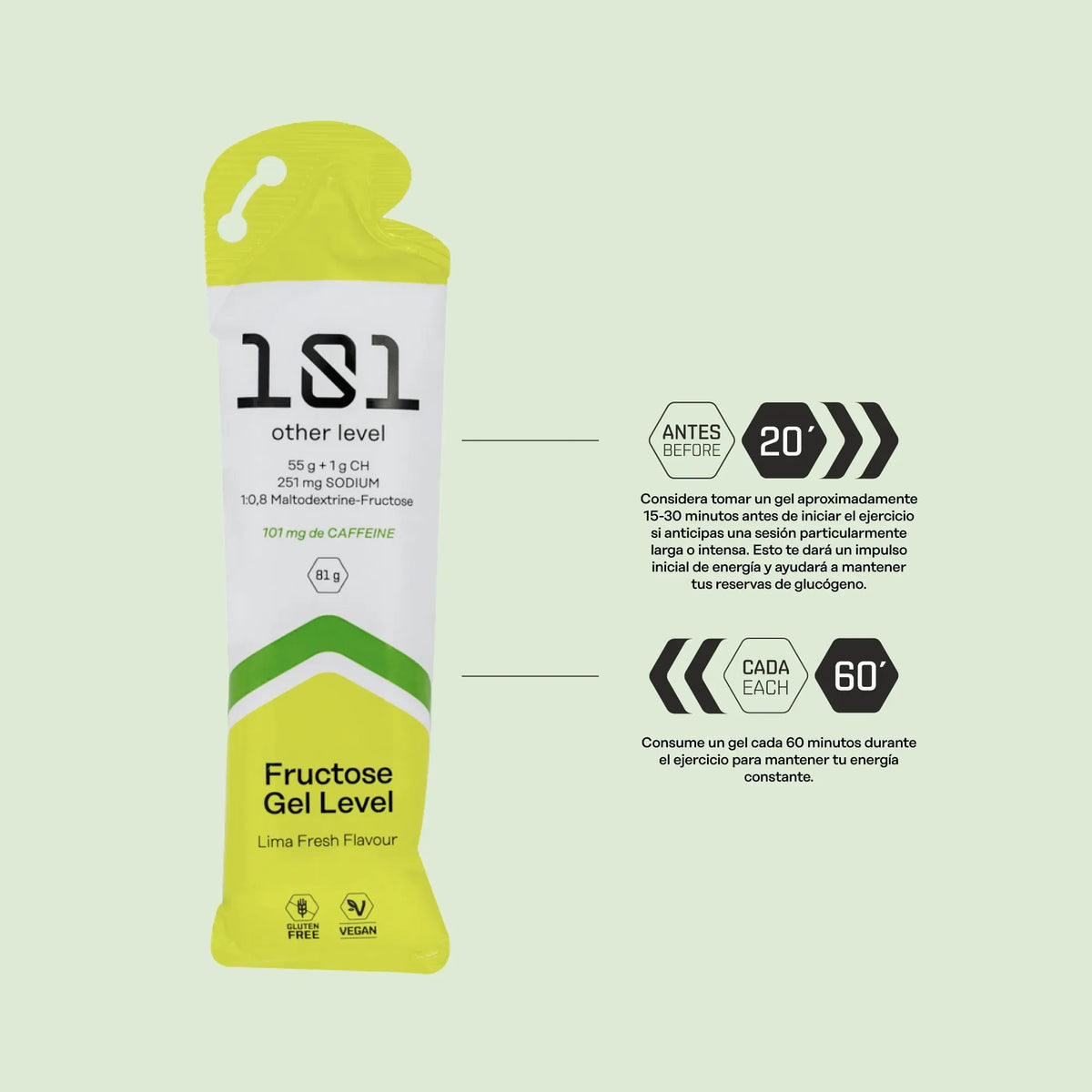 Pack 24 ud. FRUCTOSE GEL LEVEL con Cafeína - sabor Lima Fresh 81 g - 101 Other Level
