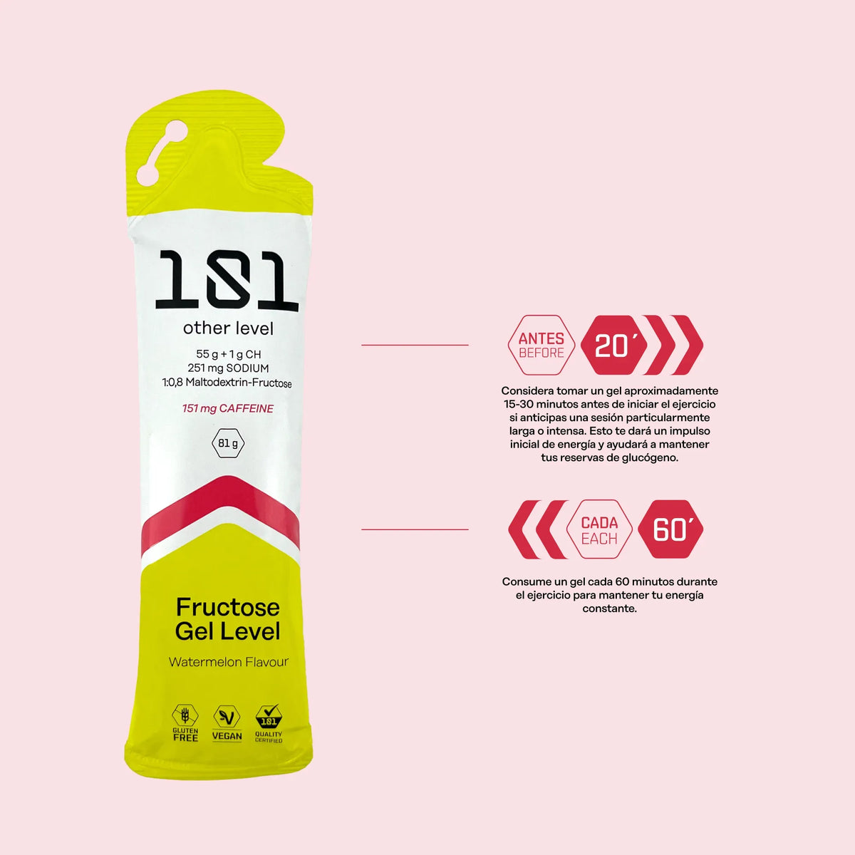 Pack 24 ud. FRUCTOSE GEL LEVEL con Cafeína - sabor Sandía 81 g - 101 Other Level