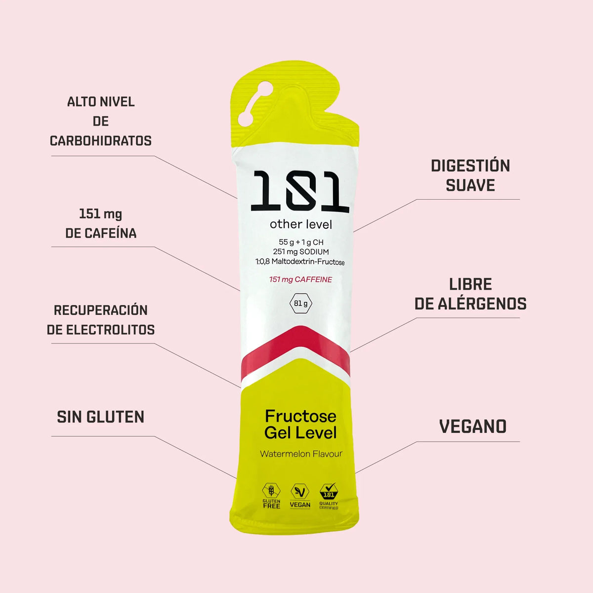 Pack 24 ud. FRUCTOSE GEL LEVEL con Cafeína - sabor Sandía 81 g - 101 Other Level