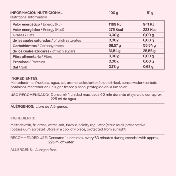 gel energético fresa y nata etiqueta nutricional