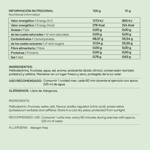 gel energético lima información nutricional