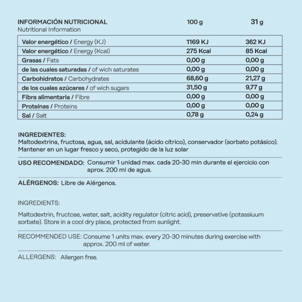 gel fructosa neutro 31gr etiqueta nutricional